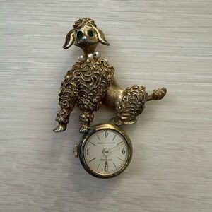 Vintage Charming Gold Poodle Brooch with Clock